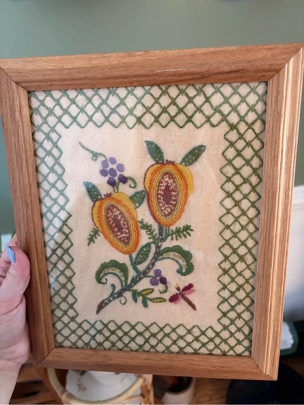Handcrafted Floral Needlepoint Wall Art Pair - Oak Frames, Green and Pink